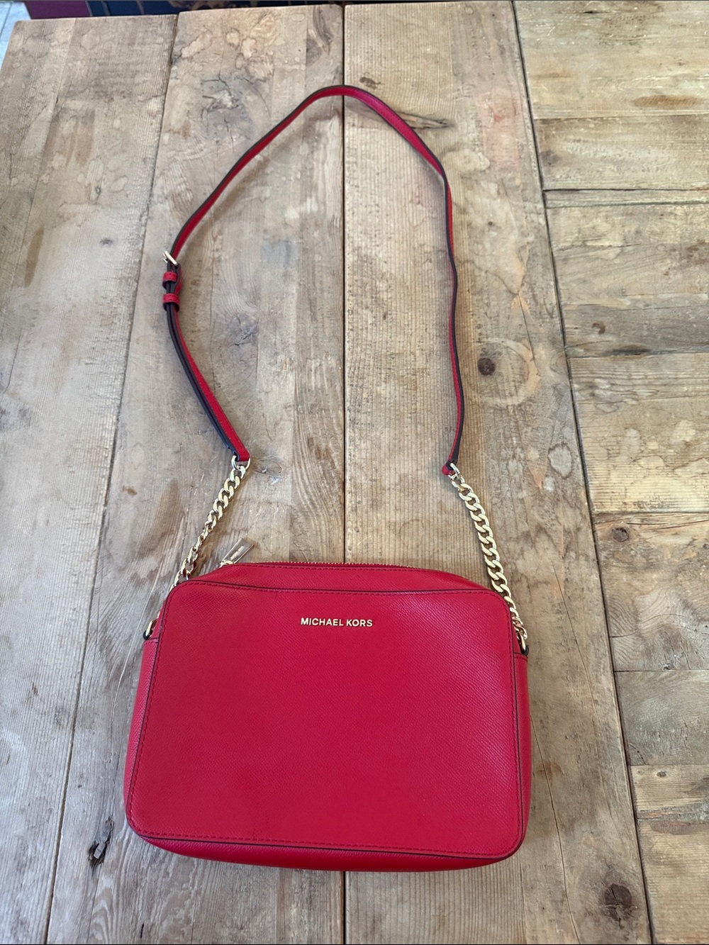 Michael Kors Red Pebbled Leather Crossbody with Gold Chain